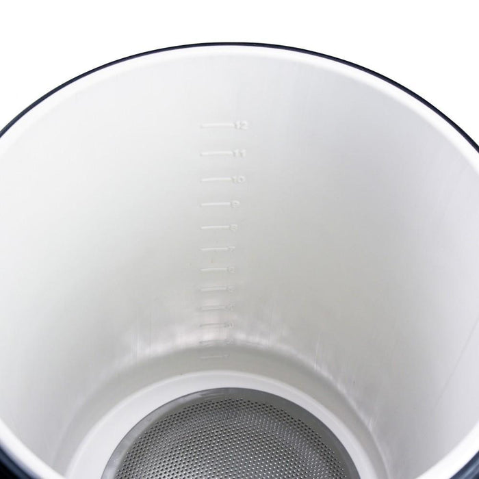 A close-up of the interior graduated markings of the 12 Gallon Mash/Lauter Tun