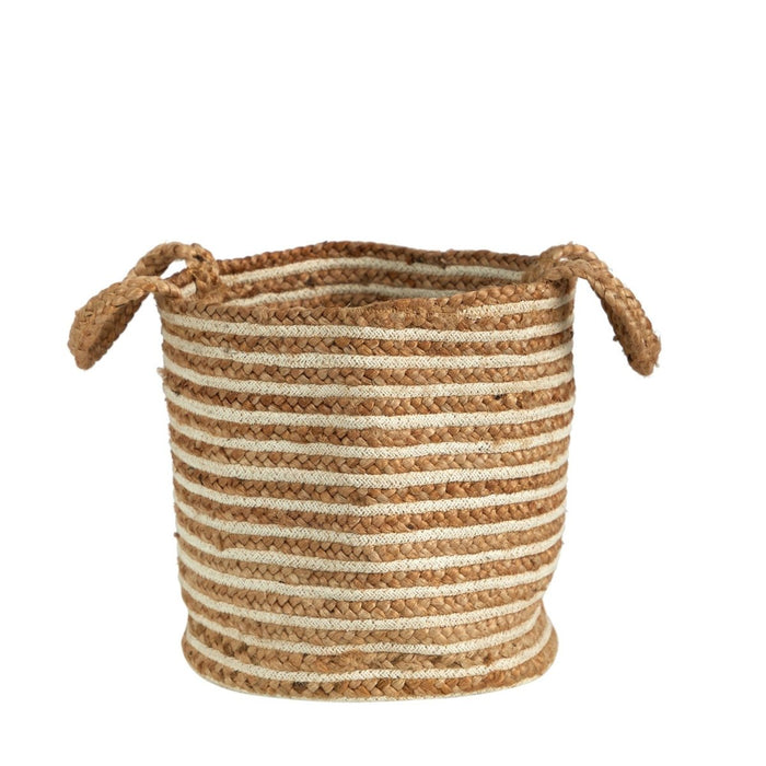 14” Boho Chic Basket – Natural Cotton & Jute with Handwoven Stripe and Handles - Ed's Plant Shop