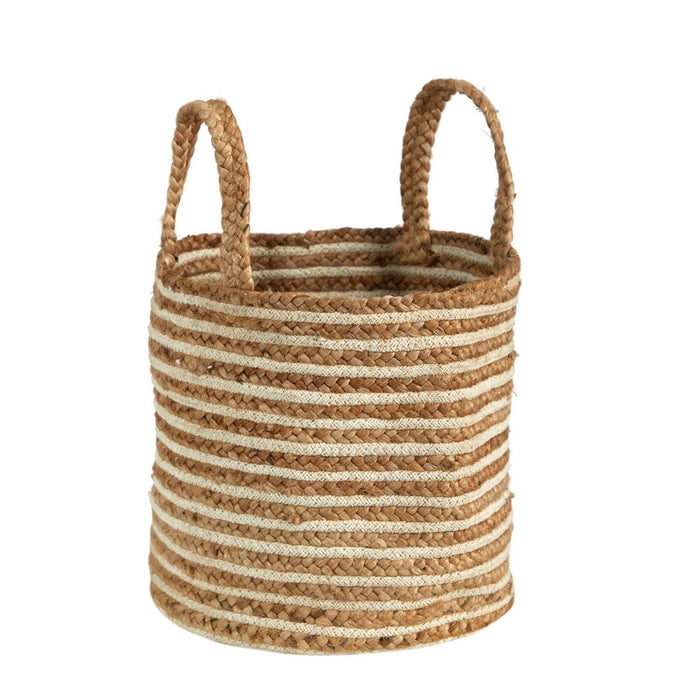 14” Boho Chic Basket – Natural Cotton & Jute with Handwoven Stripe and Handles - Ed's Plant Shop