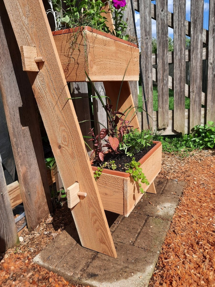 2 - Tier Vertical Cedar Ladder Planter Box for Small Spaces - Ed's Plant Shop