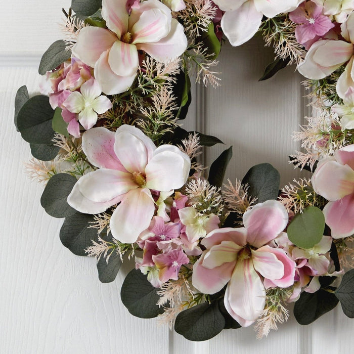 20” Hydrangea and Magnolia Artificial Wreath – Elegant Floral Decor - Ed's Plant Shop