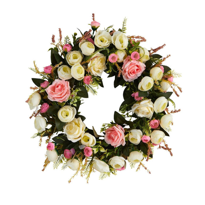 20” White & Pink Rose Artificial Wreath - Ed's Plant Shop