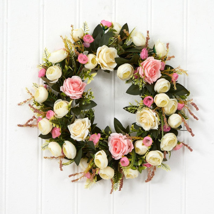 20” White & Pink Rose Artificial Wreath - Ed's Plant Shop