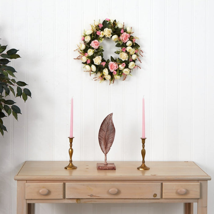 20” White & Pink Rose Artificial Wreath - Ed's Plant Shop