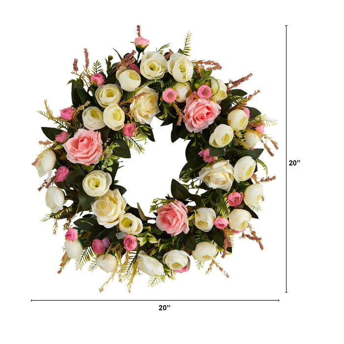 20” White & Pink Rose Artificial Wreath - Ed's Plant Shop