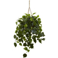 A hanging basket of artificial Philodendron leaves, UV resistant, suitable for indoor or outdoor settings.