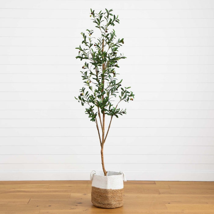 7' Artificial Olive Tree with Natural Trunk & Handmade Jute Basket - Ed's Plant Shop