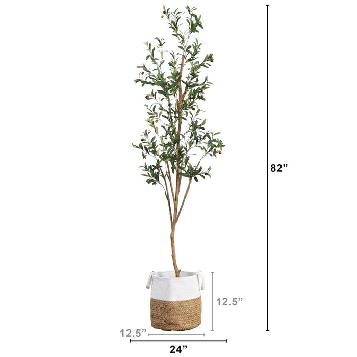 7' Artificial Olive Tree with Natural Trunk & Handmade Jute Basket - Ed's Plant Shop
