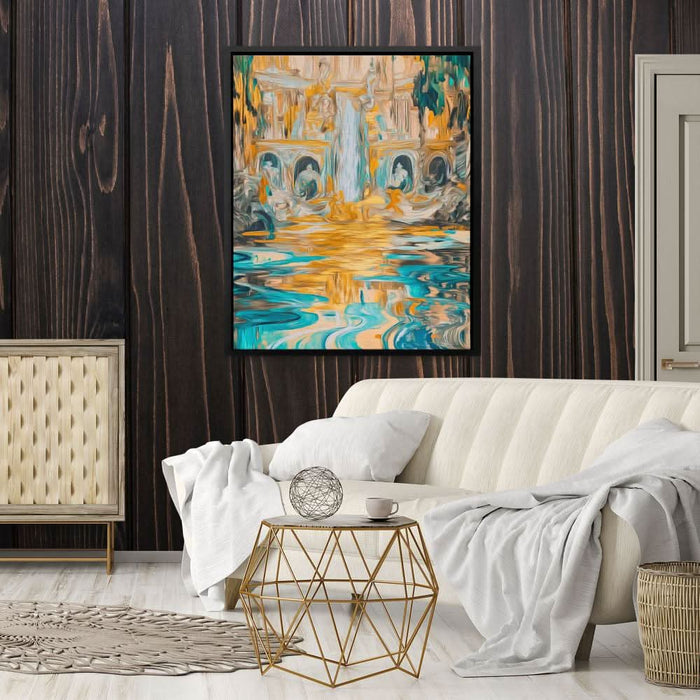 Abstract Golden Falls - Blue Gold and White Art for Bathroom