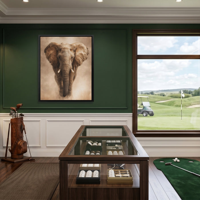 African Elephant Charging canvas wall art, room view