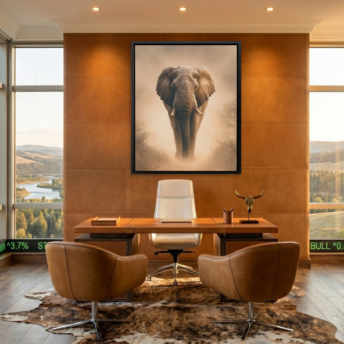 African Elephant Morning Mist canvas wall art, room view