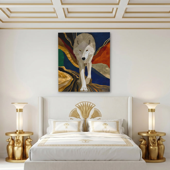 Albino Wolf Navy Wash canvas wall art, room view