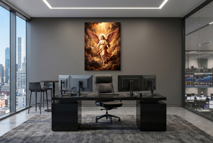 Angel Descending — angel descending office desk with monitors 1port flush print