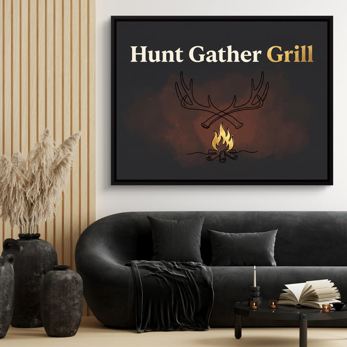 Antlers Campfire Glow — antlers campfire glow sq black couch and wood walls 1land framed black