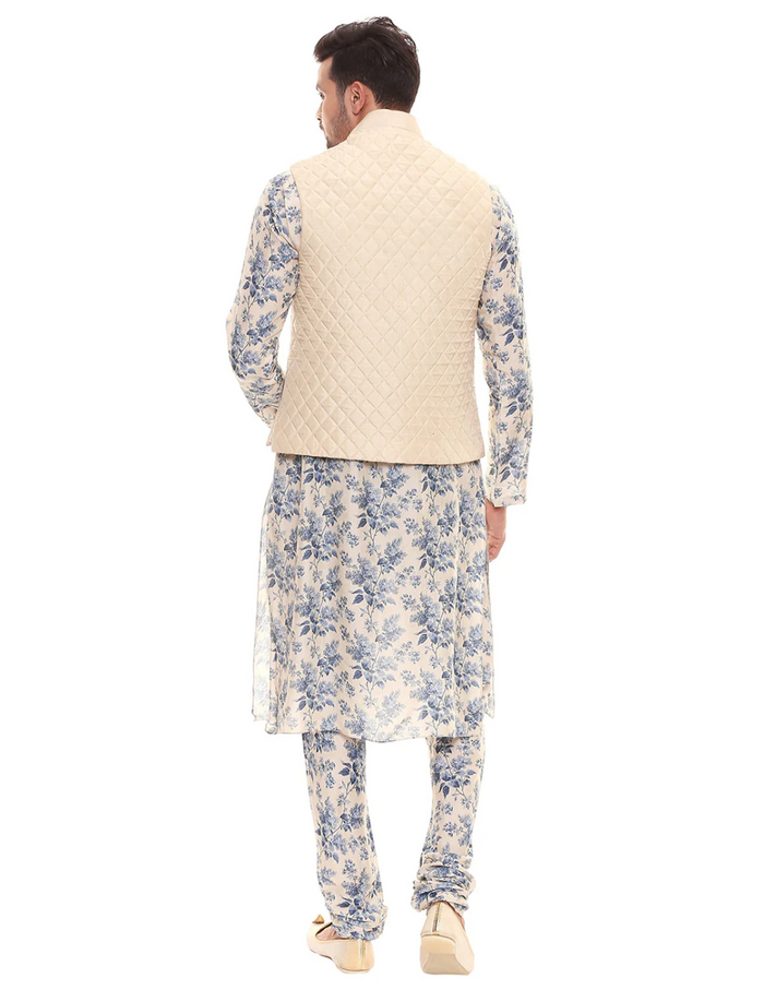 Applique Floral Kurta Set With Chudidaar And Quilted Sleeveless Jacket