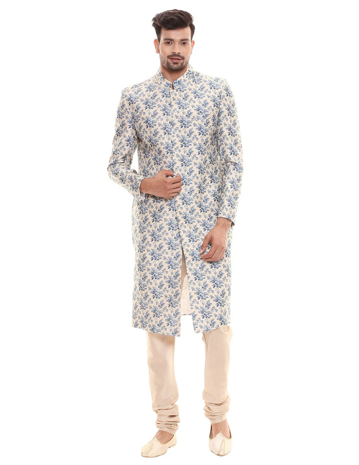 Applique Floral Printed Sherwani With Plain Chudidaar