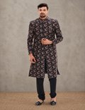 Applique Floral Printed Sherwani With Plain Chudidaar
