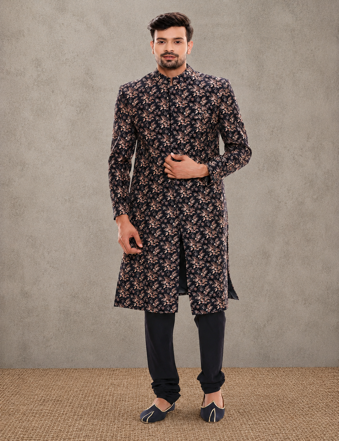 Applique Floral Printed Sherwani With Plain Chudidaar