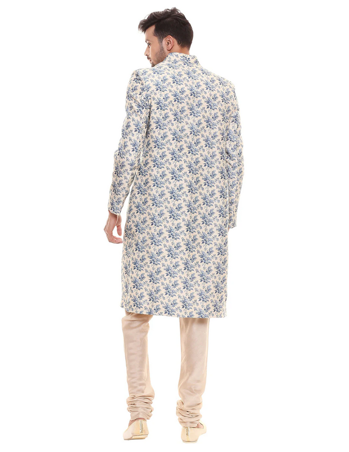 Applique Floral Printed Sherwani With Plain Chudidaar