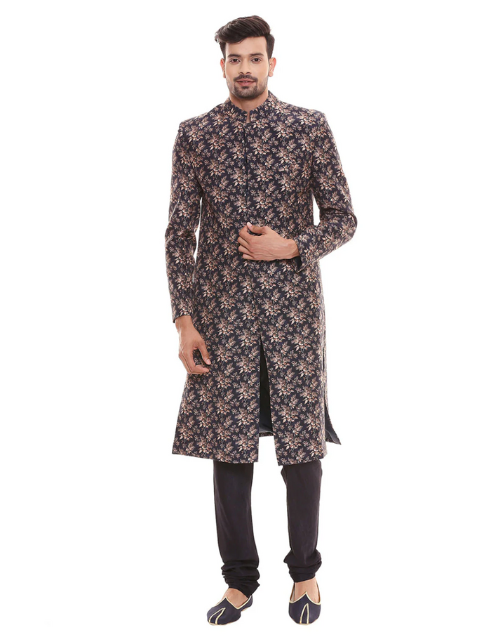 Applique Floral Printed Sherwani With Plain Chudidaar