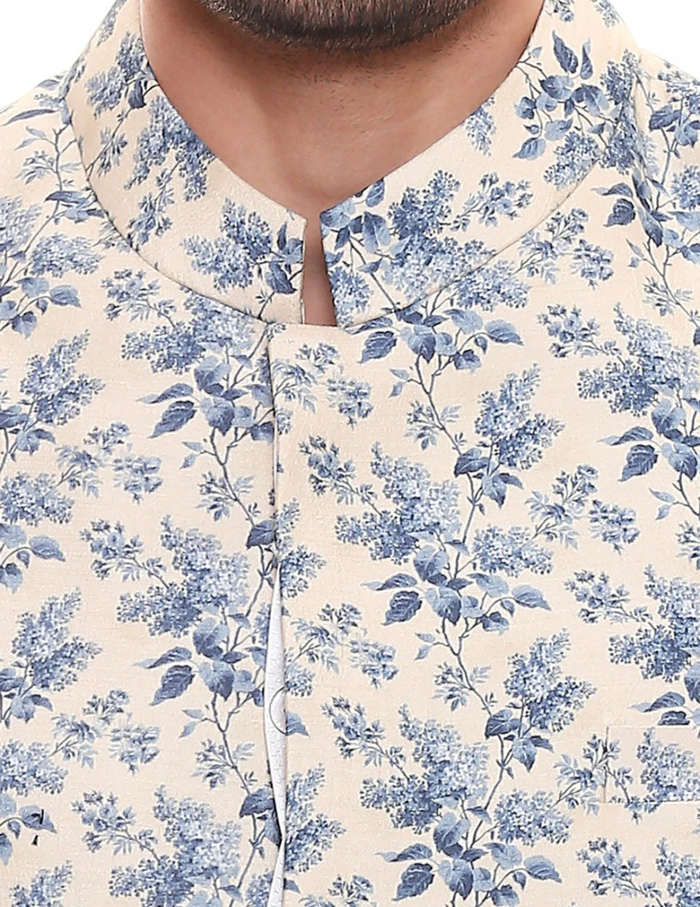 Applique Floral Printed Sherwani With Plain Chudidaar