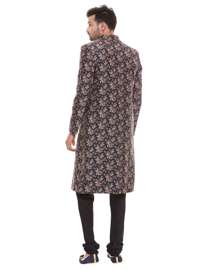 Applique Floral Printed Sherwani With Plain Chudidaar
