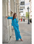 Aqua Blue Drop Sleeves Embroidered Chinon Top With Front Pleated Skirt