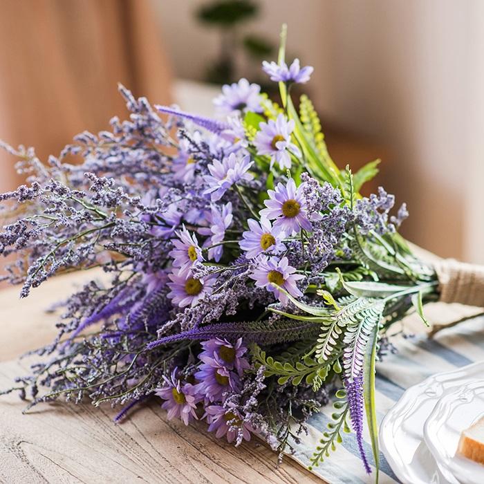 Artificial silk country flower bouquet with purple daisies and greenery