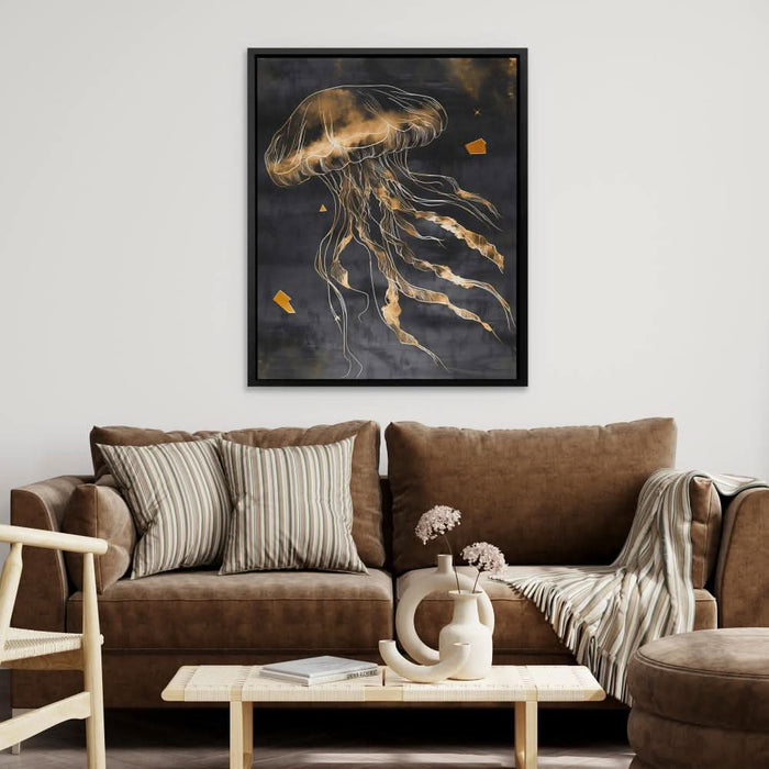 Aureate Drift - Black and Gold Jellyfish Canvas Print