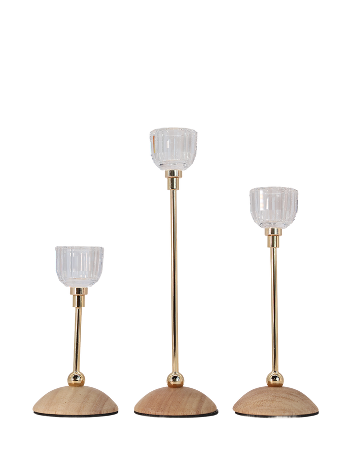 Aurora Crystal Gold Taper Candle Holders- Set of 3