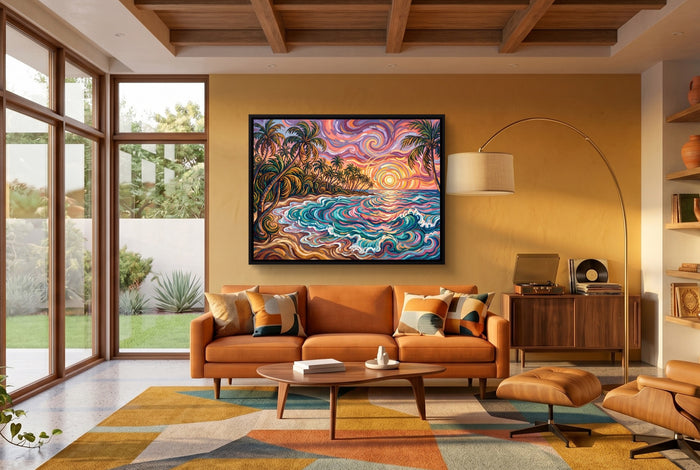 Beach Sunset Swirls — beach sunset swirls living room interior space 1land framed black