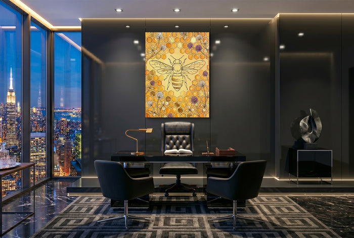 Bee Golden Honeycomb — bee golden honeycomb office with city view 3 1port flush print