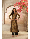 Black brocade jacket with straight pants for evening wear
