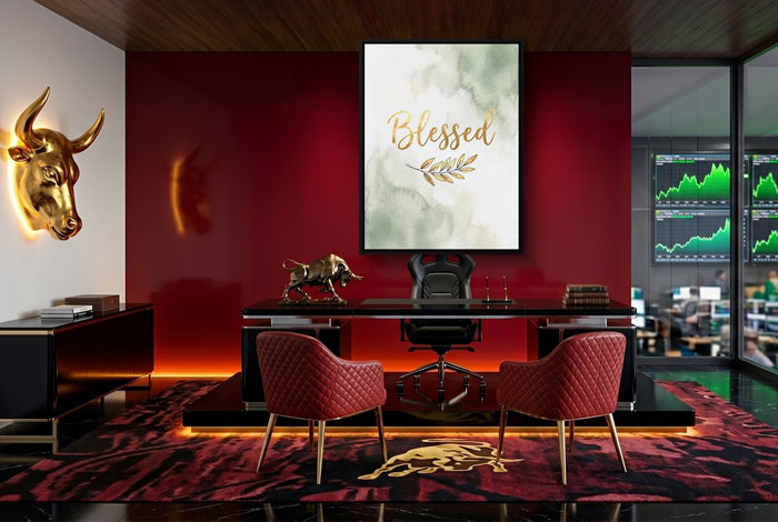 Blessed Golden Script — blessed golden script office with red carpet 1port framed black
