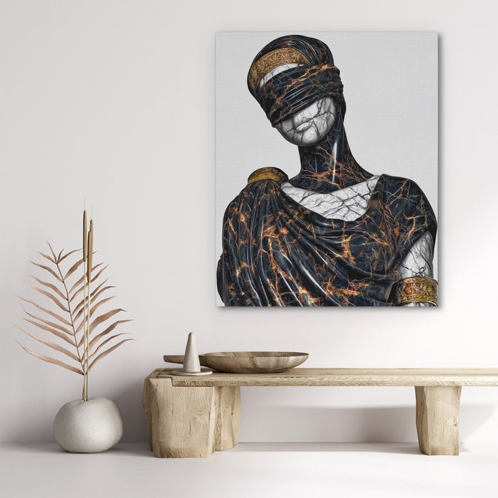 Blindfolded Goddess Gold canvas wall art, room view