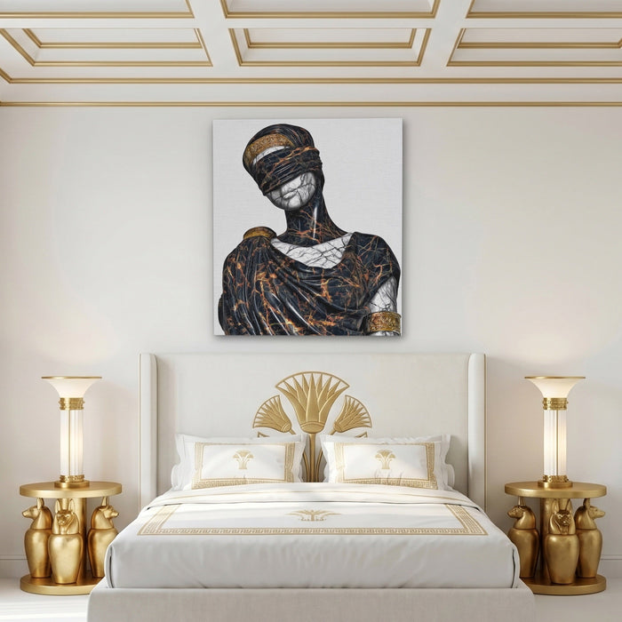 Blindfolded Goddess Gold canvas wall art, room view