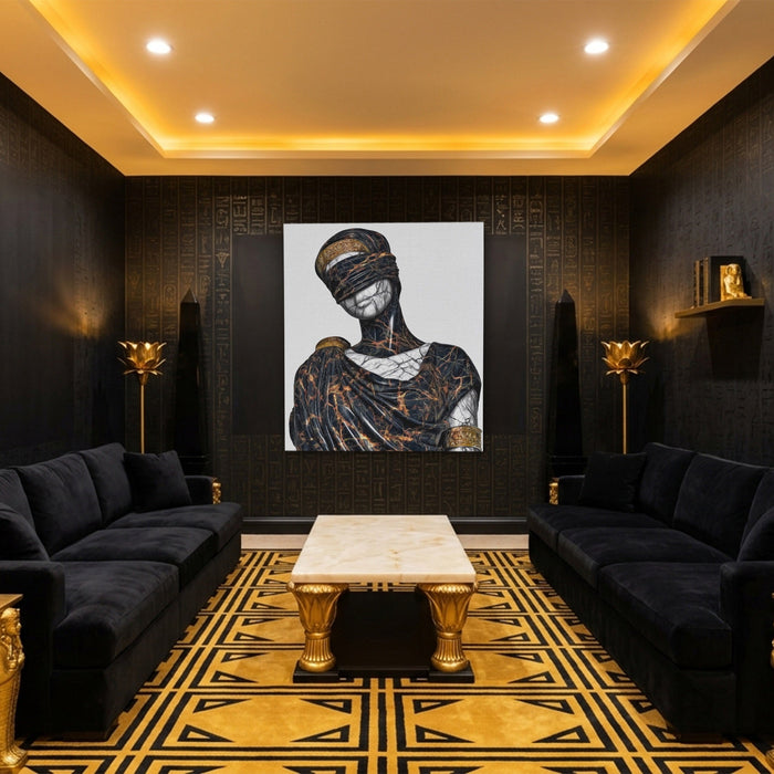 Blindfolded Goddess Gold canvas wall art, room view