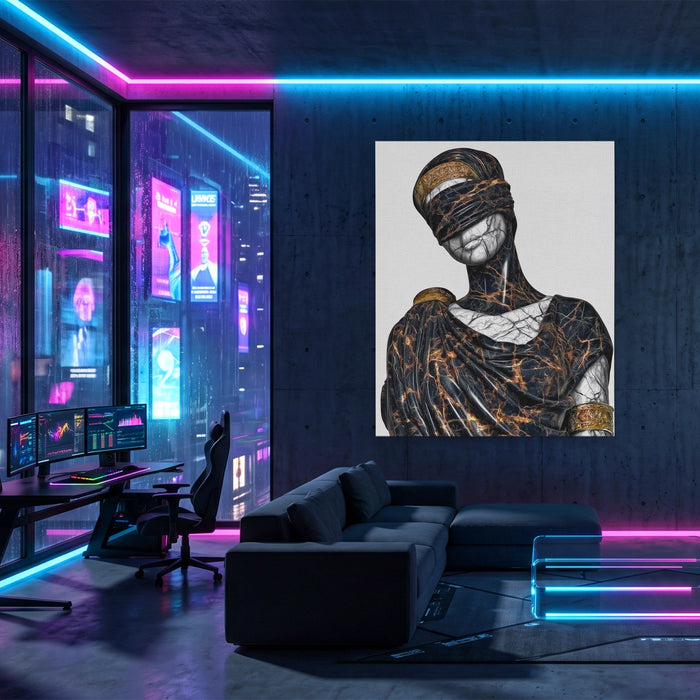 Blindfolded Goddess Gold canvas wall art, room view