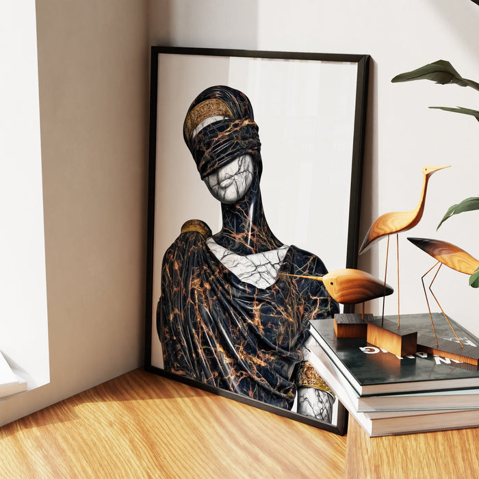 Blindfolded Goddess Gold canvas wall art, room view