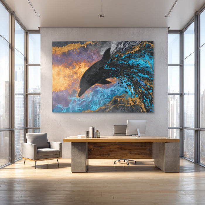 Blue Dolphin Burst canvas wall art, room view