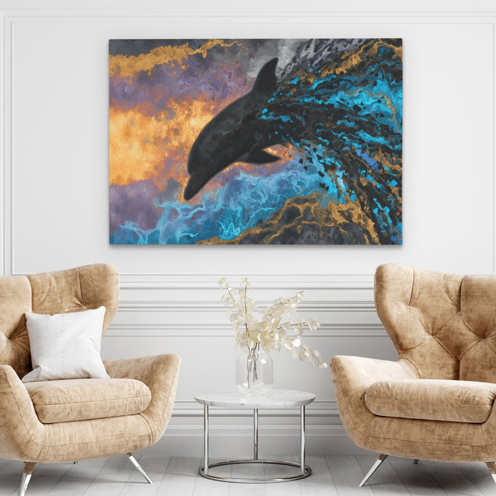 Blue Dolphin Burst canvas wall art, room view