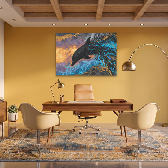 Blue Dolphin Burst canvas wall art, room view