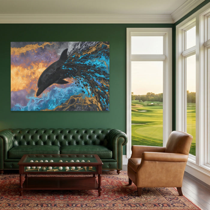 Blue Dolphin Burst canvas wall art, room view