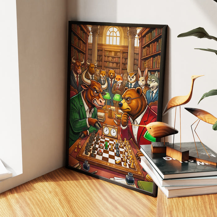 Bull V Bear Chess Match canvas wall art, room view