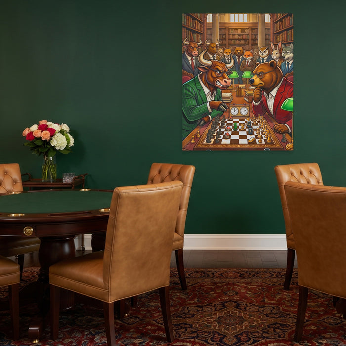 Bull V Bear Chess Match canvas wall art, room view