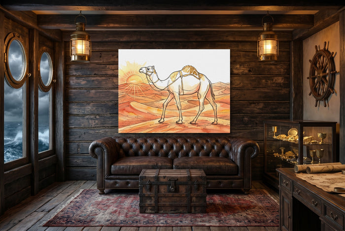 Camel Desert Sunset — camel desert sunset small cabin interior view 1land flush print