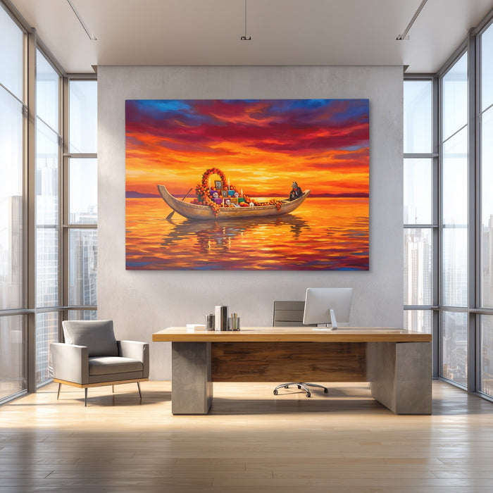 Ceremonial Boat Sunset canvas wall art, room view