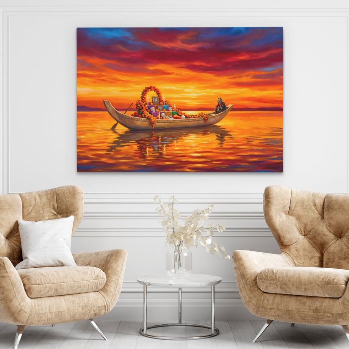 Ceremonial Boat Sunset canvas wall art, room view
