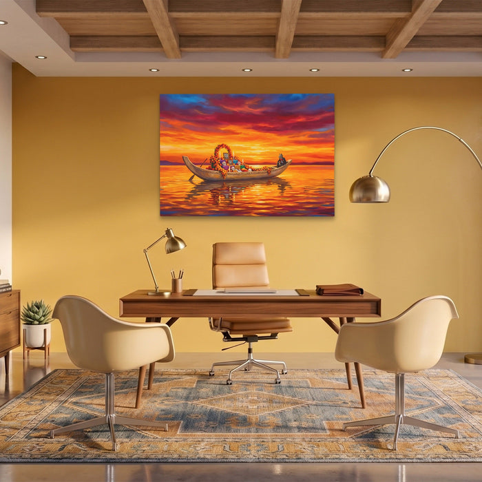 Ceremonial Boat Sunset canvas wall art, room view