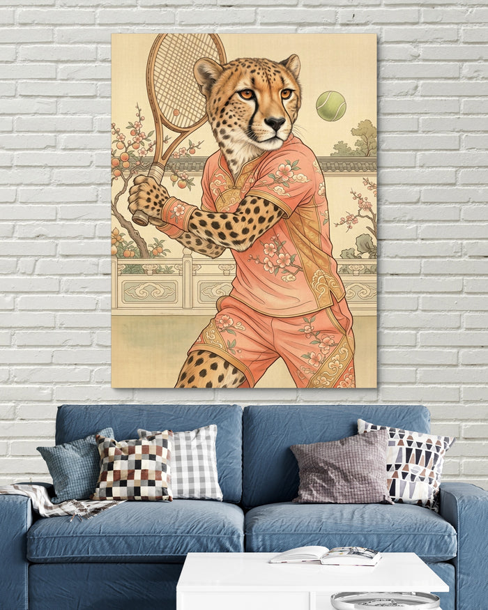 Cheetah's Court Serve — cheetah's court serve psd white bricks blue couch 1port flush print